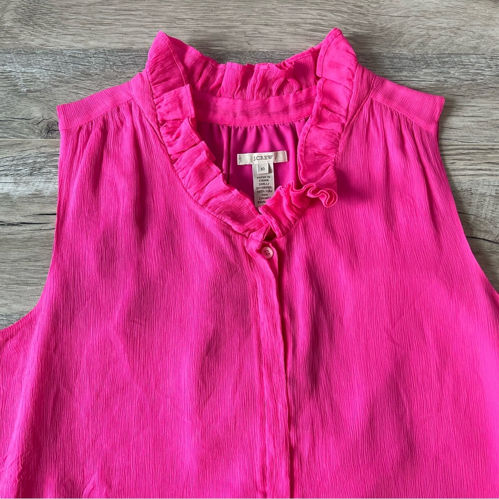 J.Crew Hot Pink Silk Crepe Ruffle Neck Size 10 Blouse - Picture 3 of 5